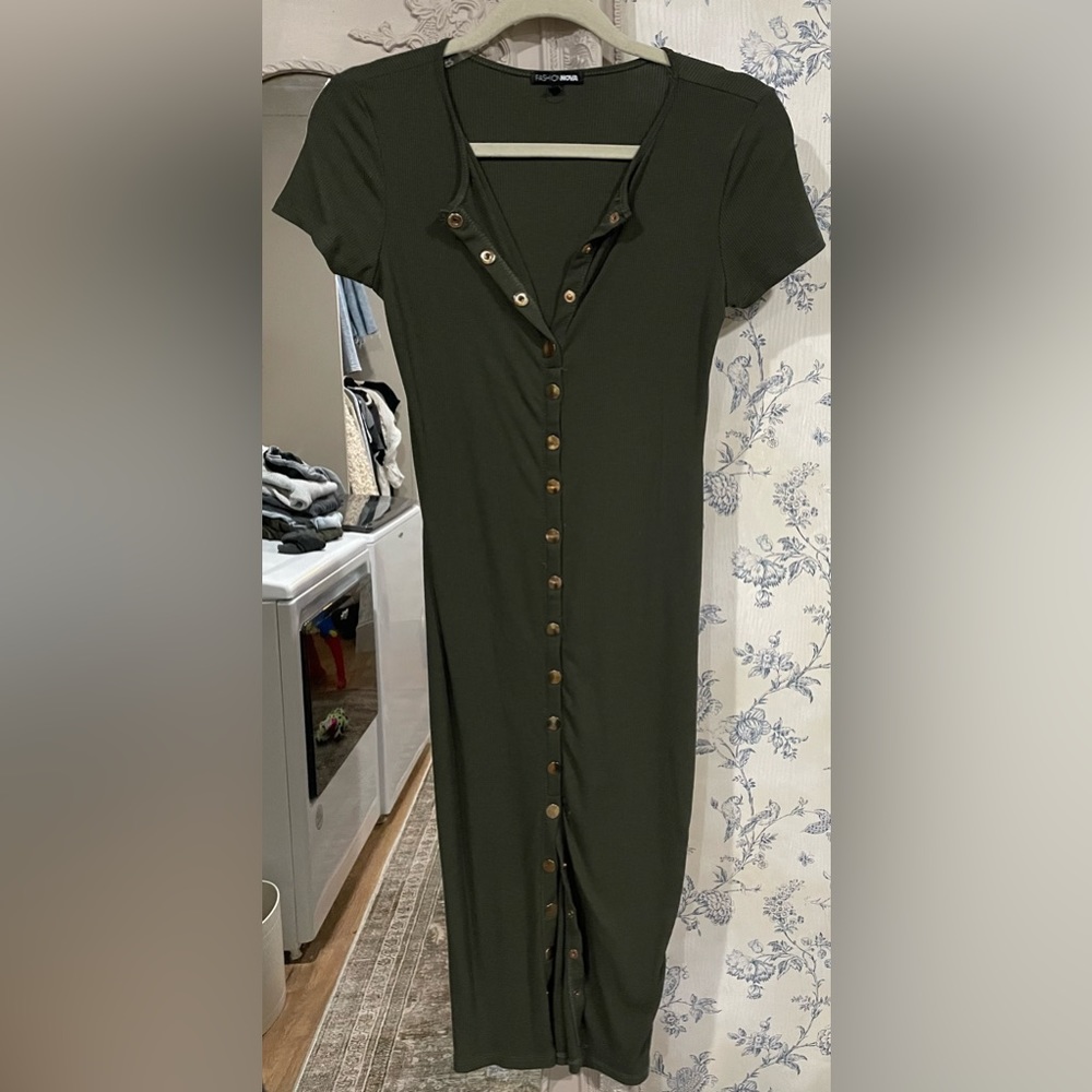 Olive ribbed gold button down dress.